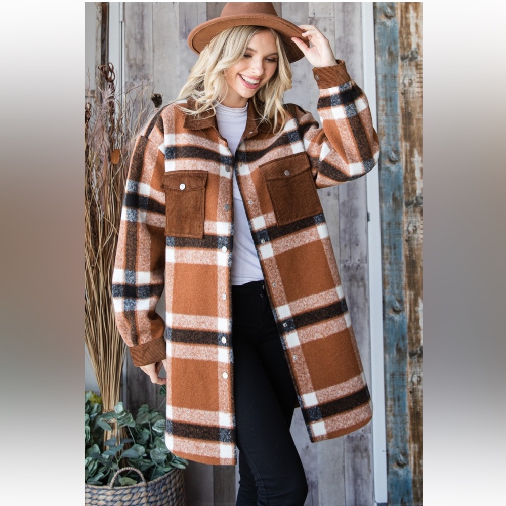 30 Boho Plaid Corduroy Flap Pocket Shacket/Jacket - Picture 3 of 8